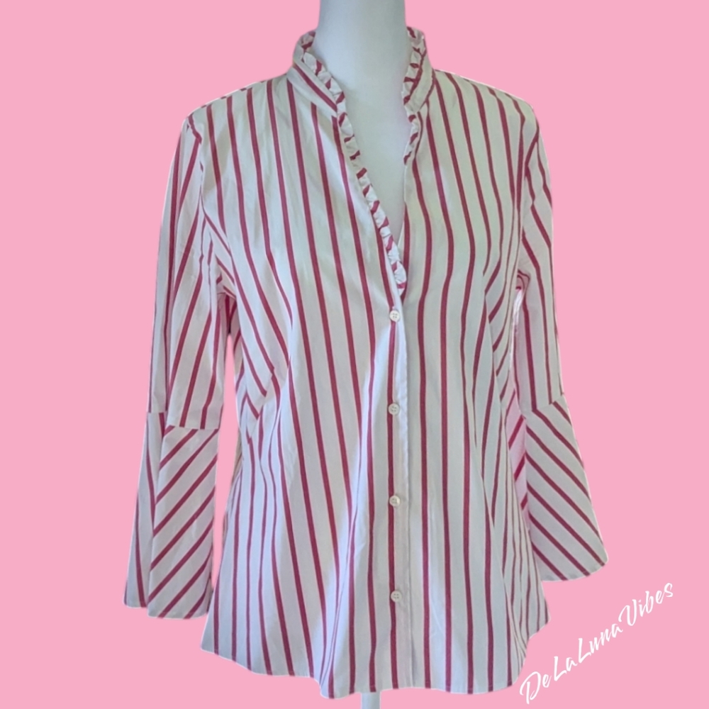 Women's European Emme Marella White & Pink Striped V-Neck Mandarin Collar Shirt